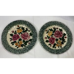 🌸Set Of 2 Vintage Stoneware Round Dinner Plate Floral Pattern 10 3/4" Green